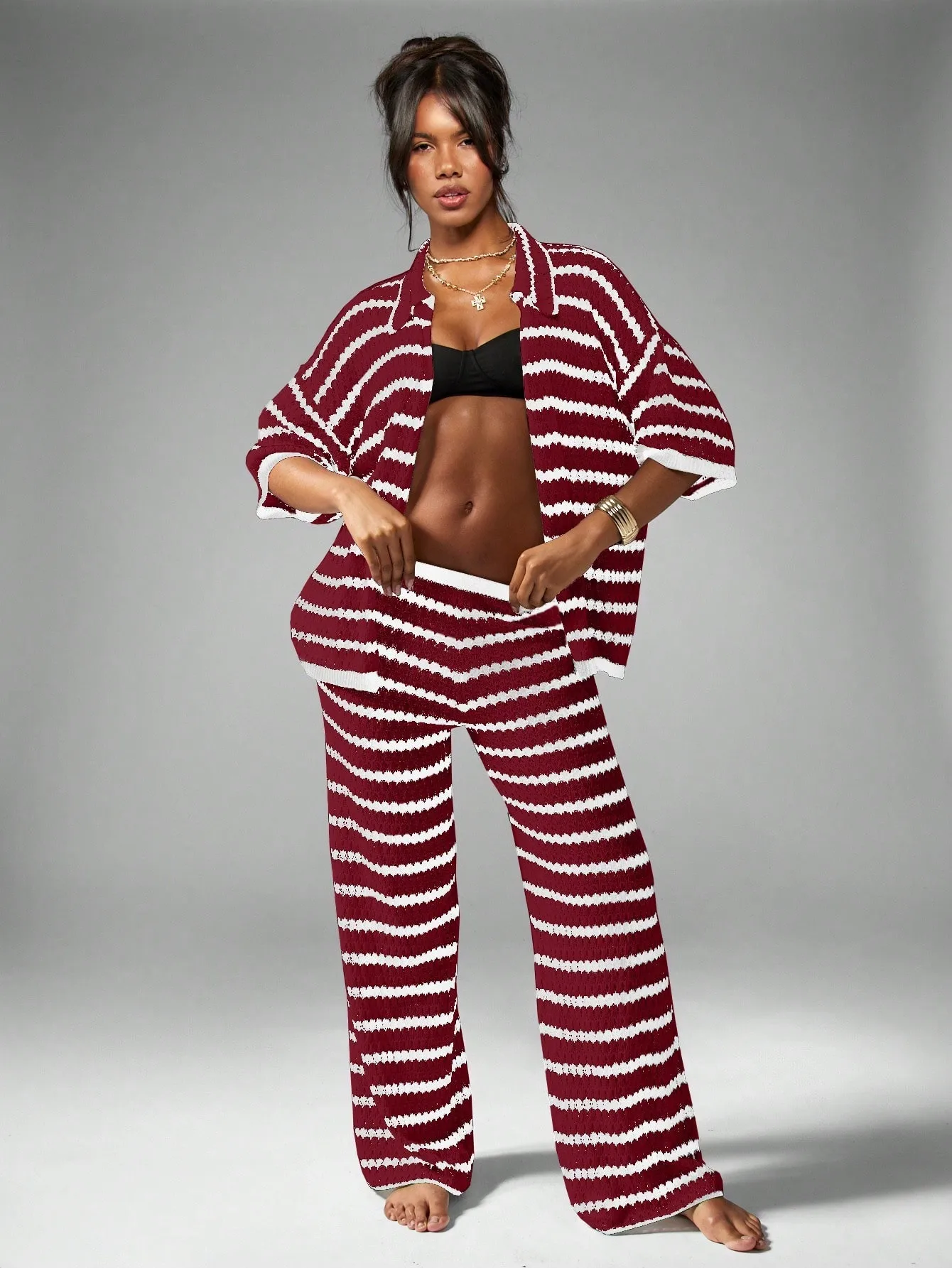Vacation Stripe Casual Pants Pant Co-ord Set in Knitted Fabric with Hollow Out Craft for Street Style