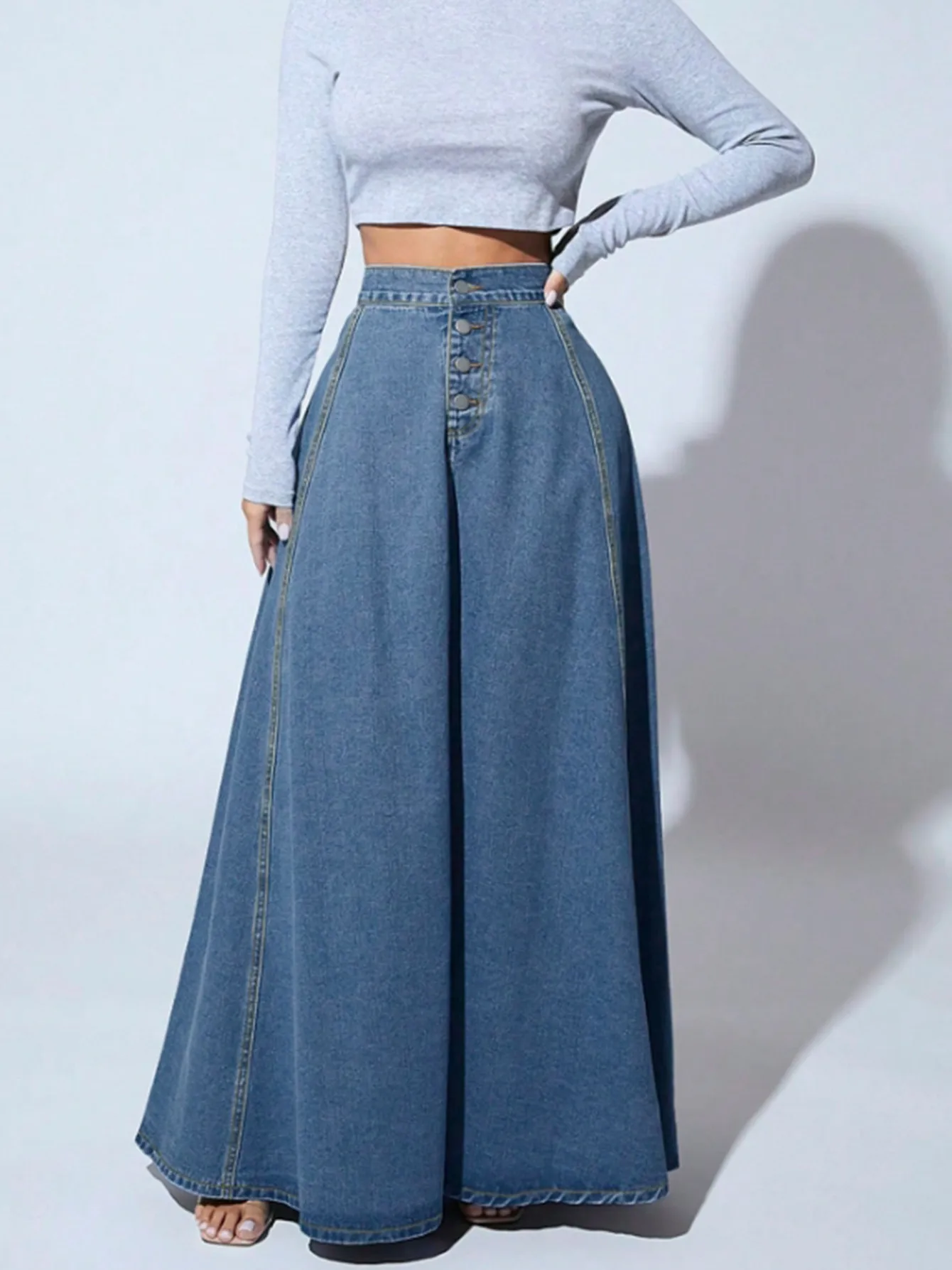 Vintage Style Solid Color Denim Cotton A-Line Skirt with Front Button in Regular Fit for Spring
