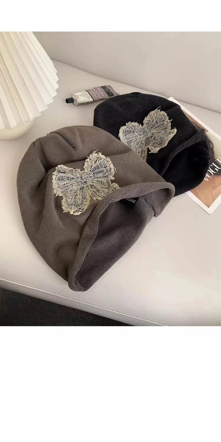 Retro Butterfly Breathable Brimless Beanie Hat for Women in Polyester with Appliques