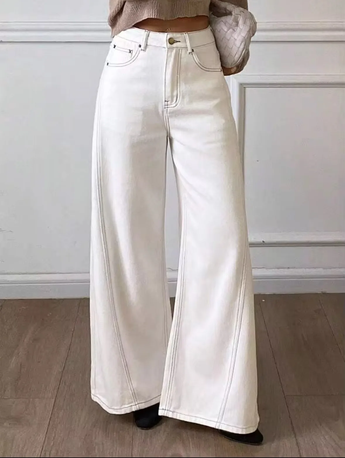 Casual Full Length Wide Leg Denim Cotton Pocket Pants for Women in Spring, Inelastic Design