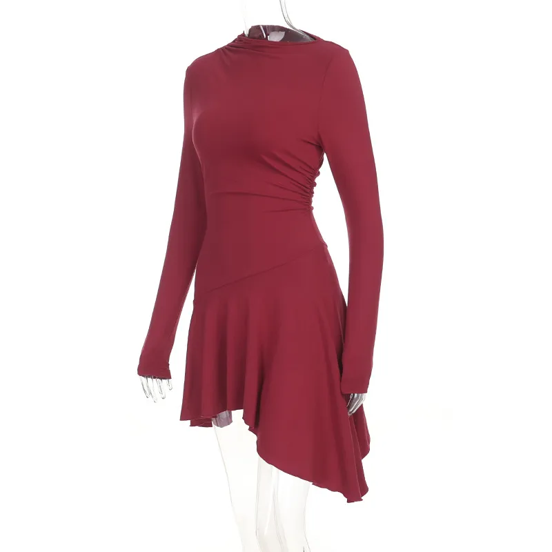 Solid Color Long Sleeve Turtleneck Sheath Dress in Polyester Fabric, Above Knee Length for Business
