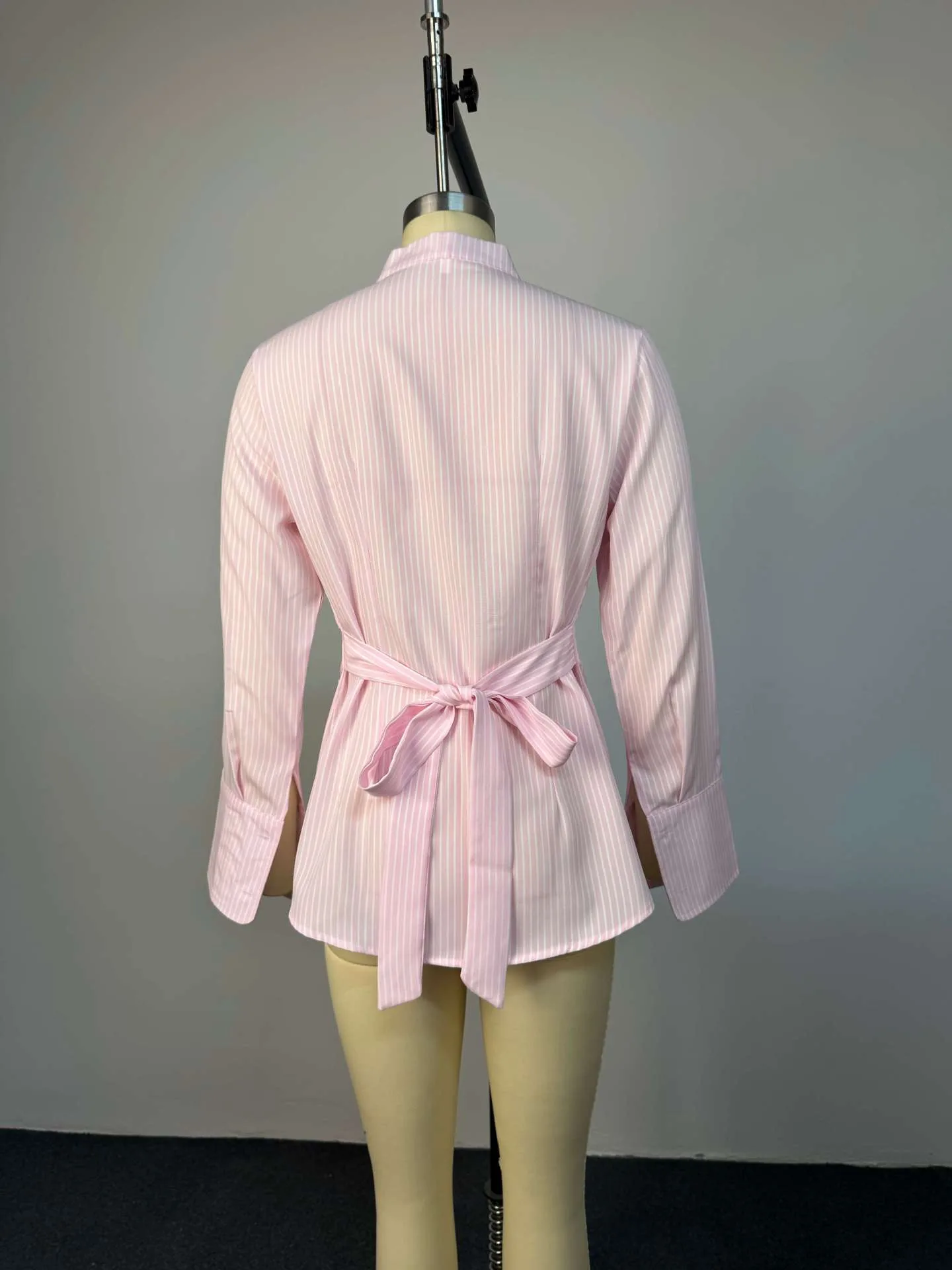 Sexy Stripe Long Sleeve Polyester Shirt for Women with Single Breasted Closure and Lapel Collar