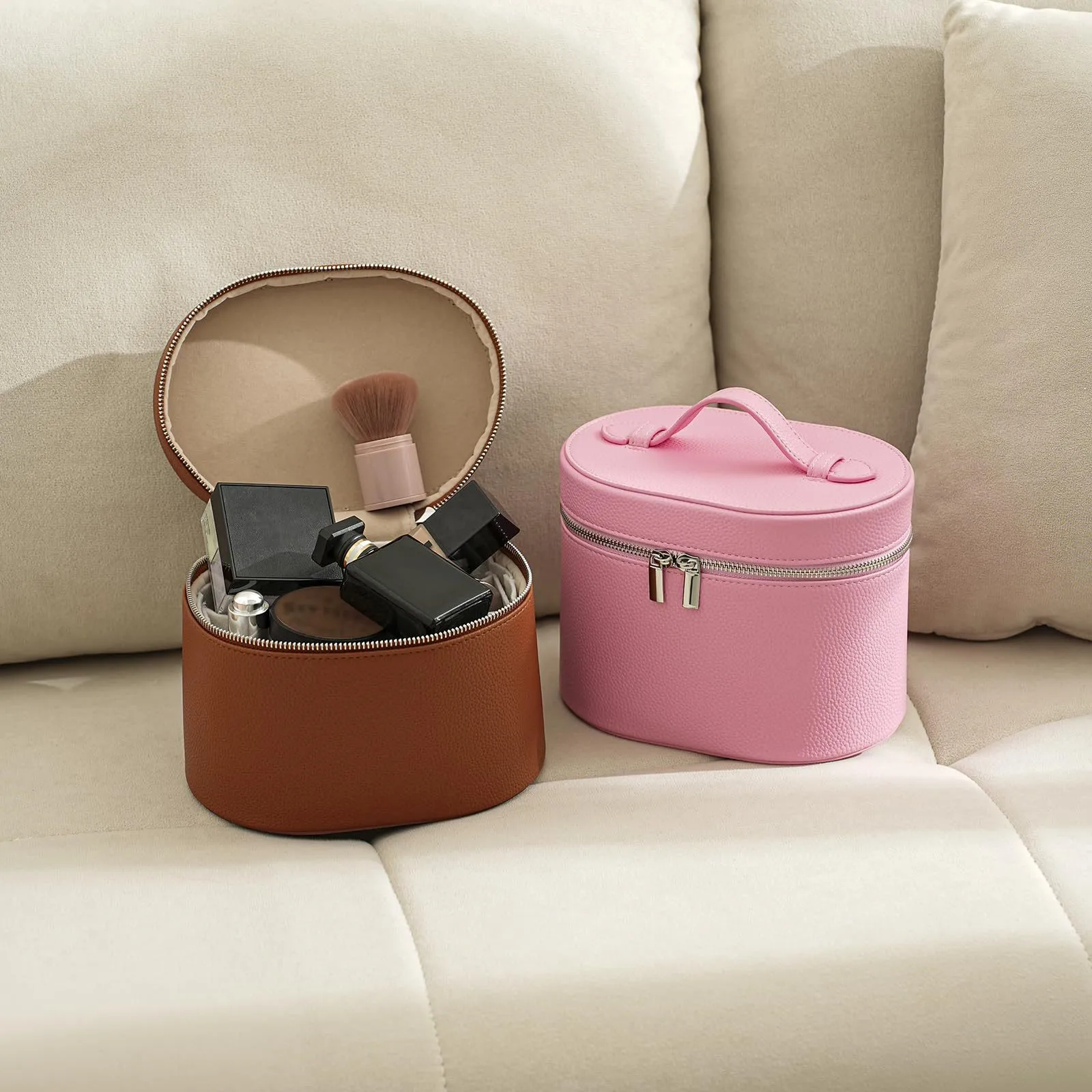Solid Color PU Leather Cosmetic Bag for Women with Top Handle, Waterproof Design