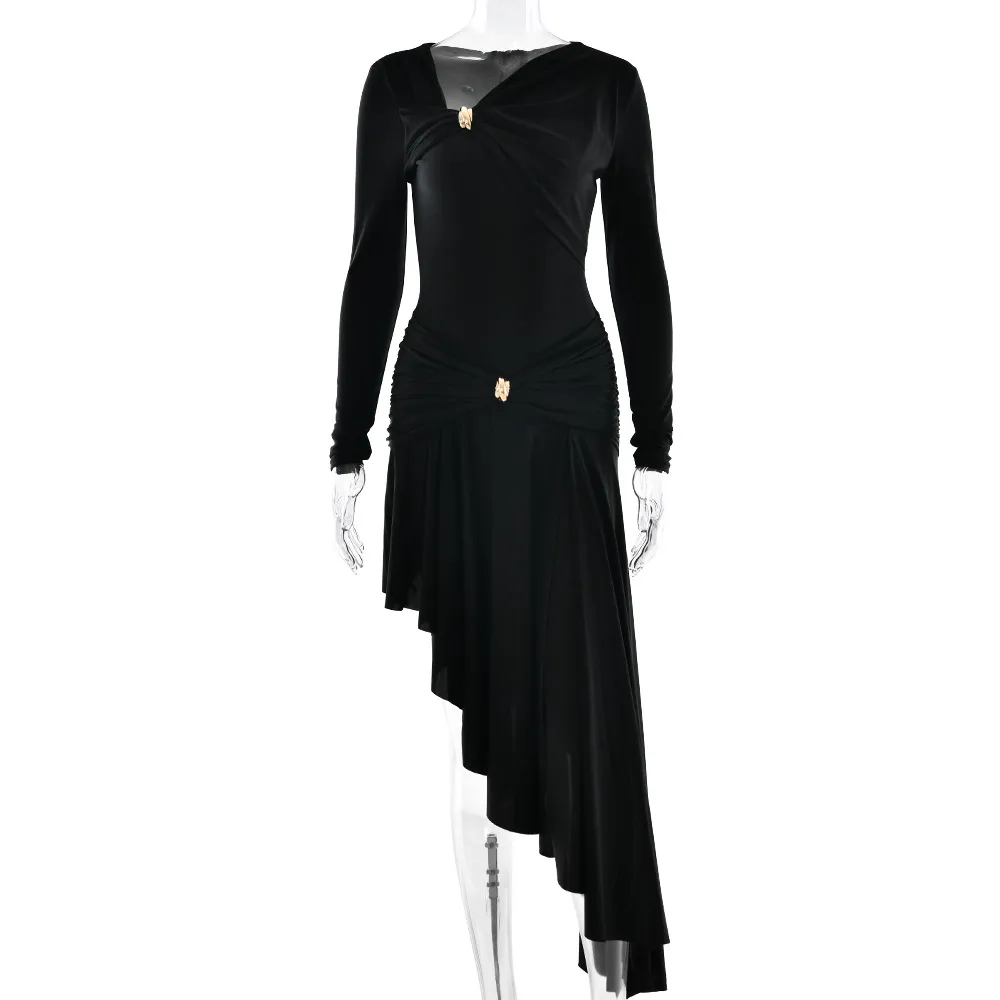 Solid Color Long Sleeve V Neck Party Dress in Polyester, Casual Streetwear Style