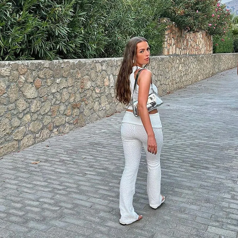 Women’s Solid Color Pant Co-ord Set in Elastane with U Neck, Perfect for Holiday Vacation, 2 Pieces Set