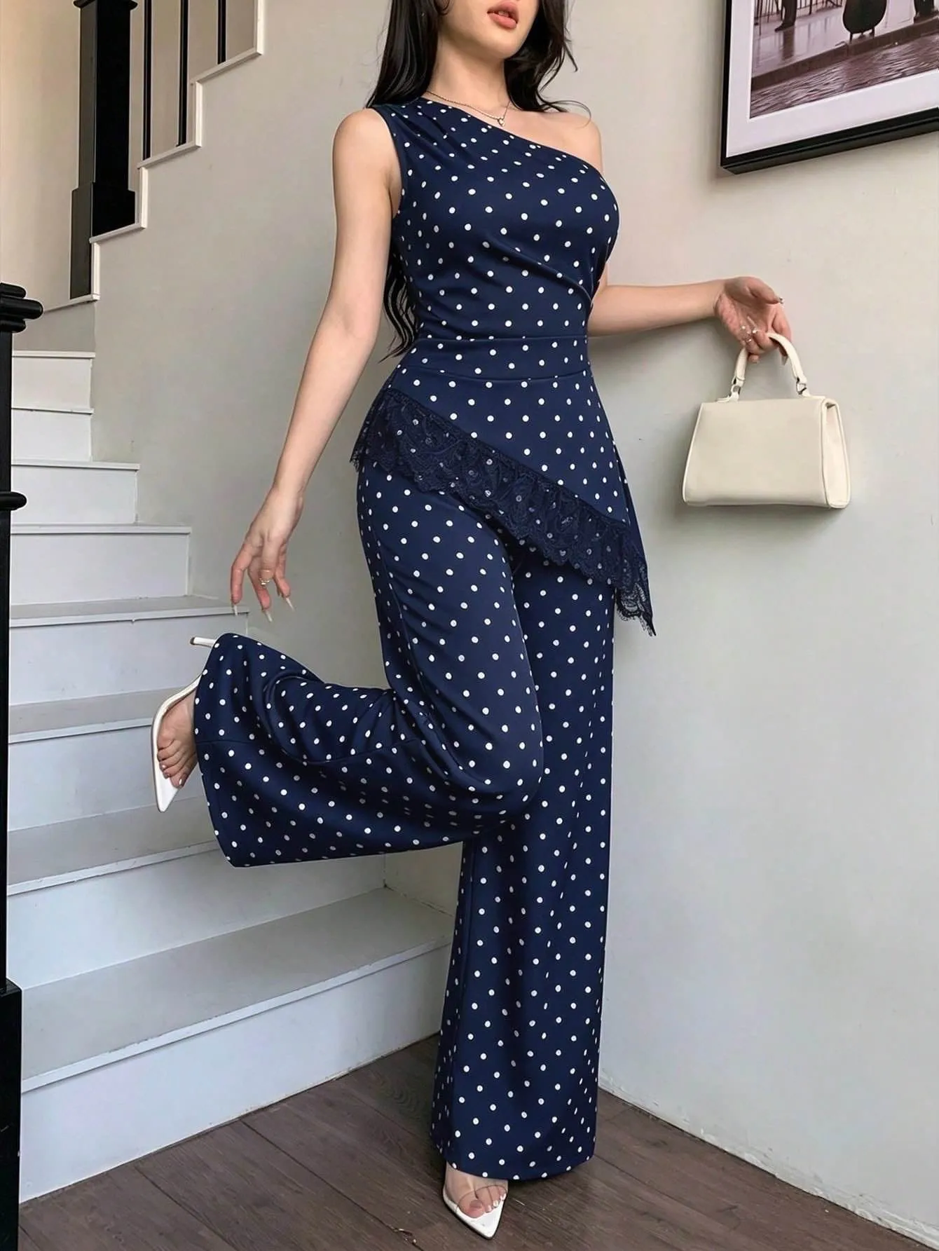 Elegant Polka Dots Pant Co-ord Set with Wide Leg Pants in Polyester featuring Lace Craftsmanship for Casual Wear