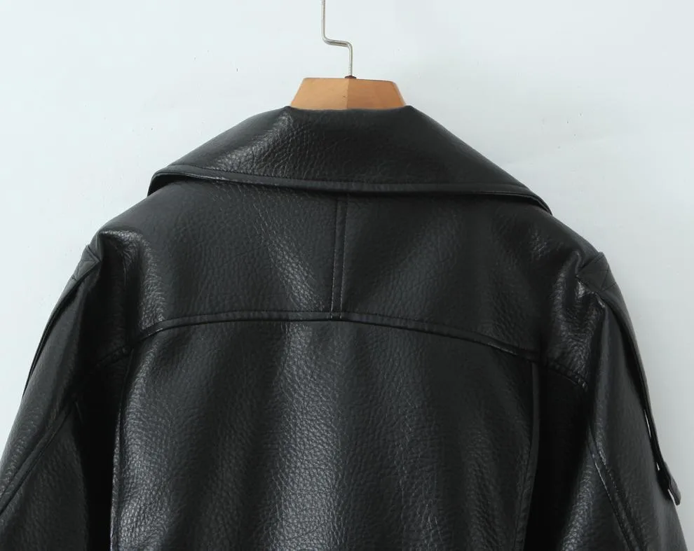 Streetwear Women's PU Leather Jacket with Zipper Placket Lapel Collar Long Sleeve