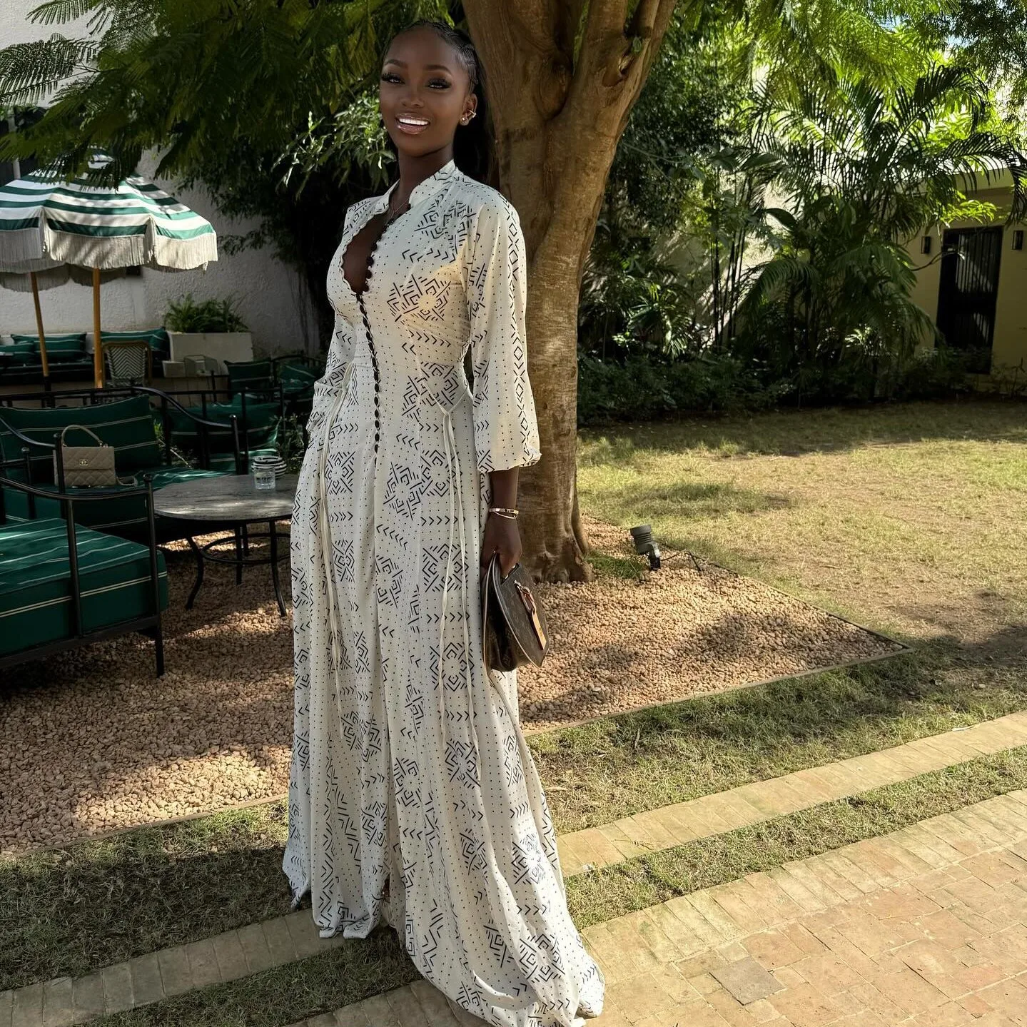 Elegant Geometric Maxi Long Dress with Long Sleeve and Standing Collar in Polyester Fabric
