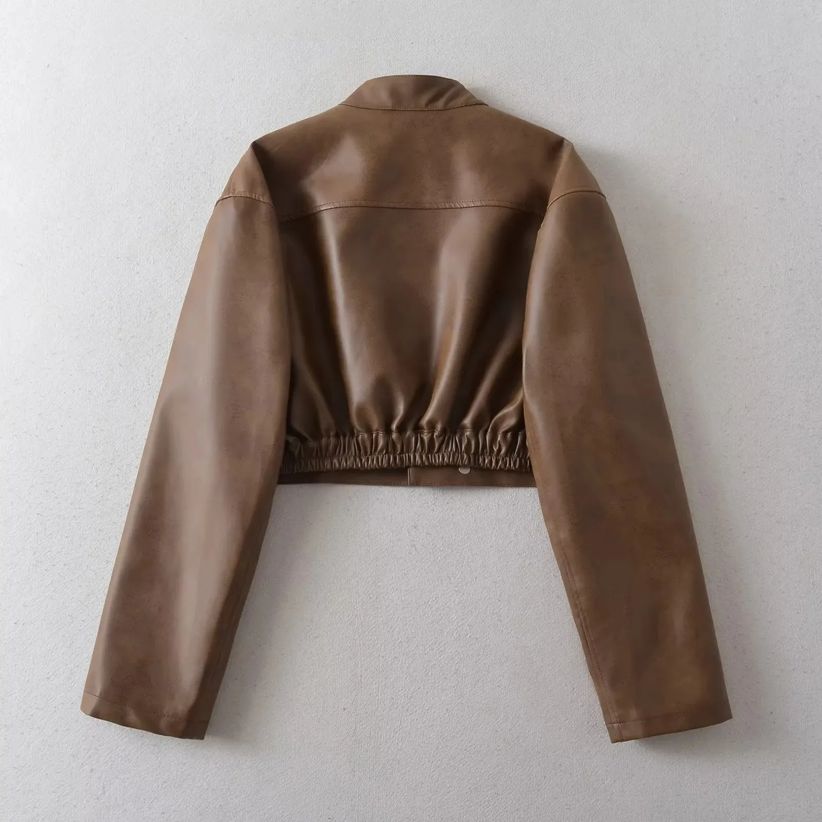Streetwear Women's Leather Jacket with Zipper Placket and Standing Collar, Washed Polyester Fabric