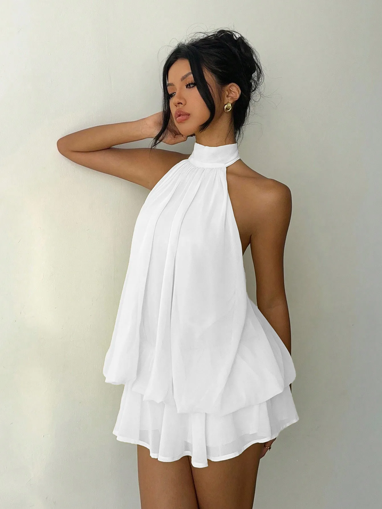 Solid Color Sleeveless Halter Neck Tea Dress in Polyester Fabric, Above Knee Length, Vacation Style