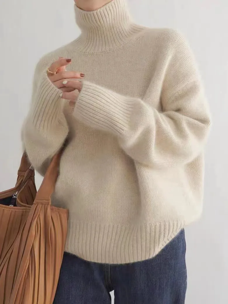 Loose Turtleneck Long Sleeve Solid Color Acrylic Sweater for Women