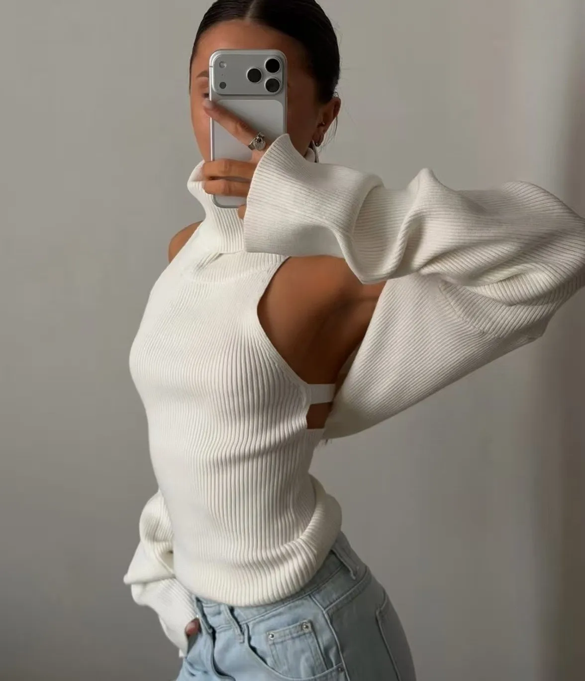 Long Sleeve Acrylic Sweater with Turtleneck, Knitted Craft, Regular Sleeve, 2 Pieces Set