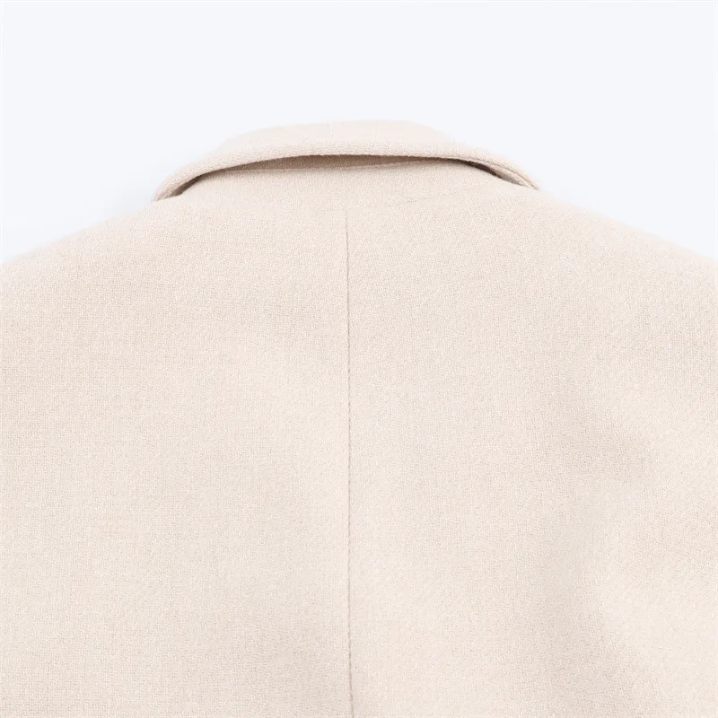 Elegant Woolen Coat for Women with Tie Placket, Polyester Fabric, Belt Detail, Lapel Collar, and Long Sleeves