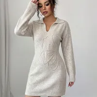Casual Flowers Sheath Dress with Long Sleeve and Shirt Collar in Knit Fabric for Business