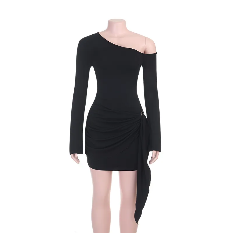 Solid Color Bodycon Dress with Long Sleeve and Oblique Collar in Polyester for Casual Occasion