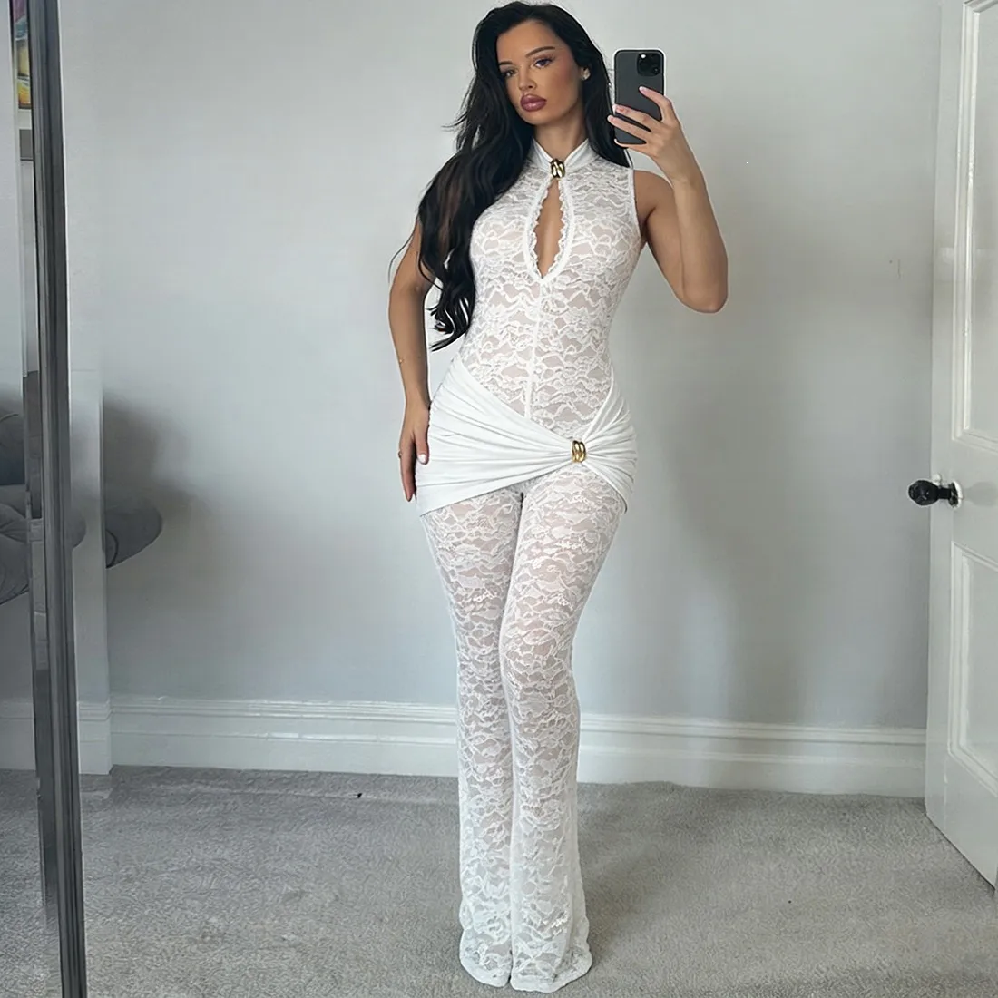 Sexy Lace Full Length Jumpsuit for Women in Polyester Fabric Featuring Elegant Lace Craft with Micro-Elastic Comfort