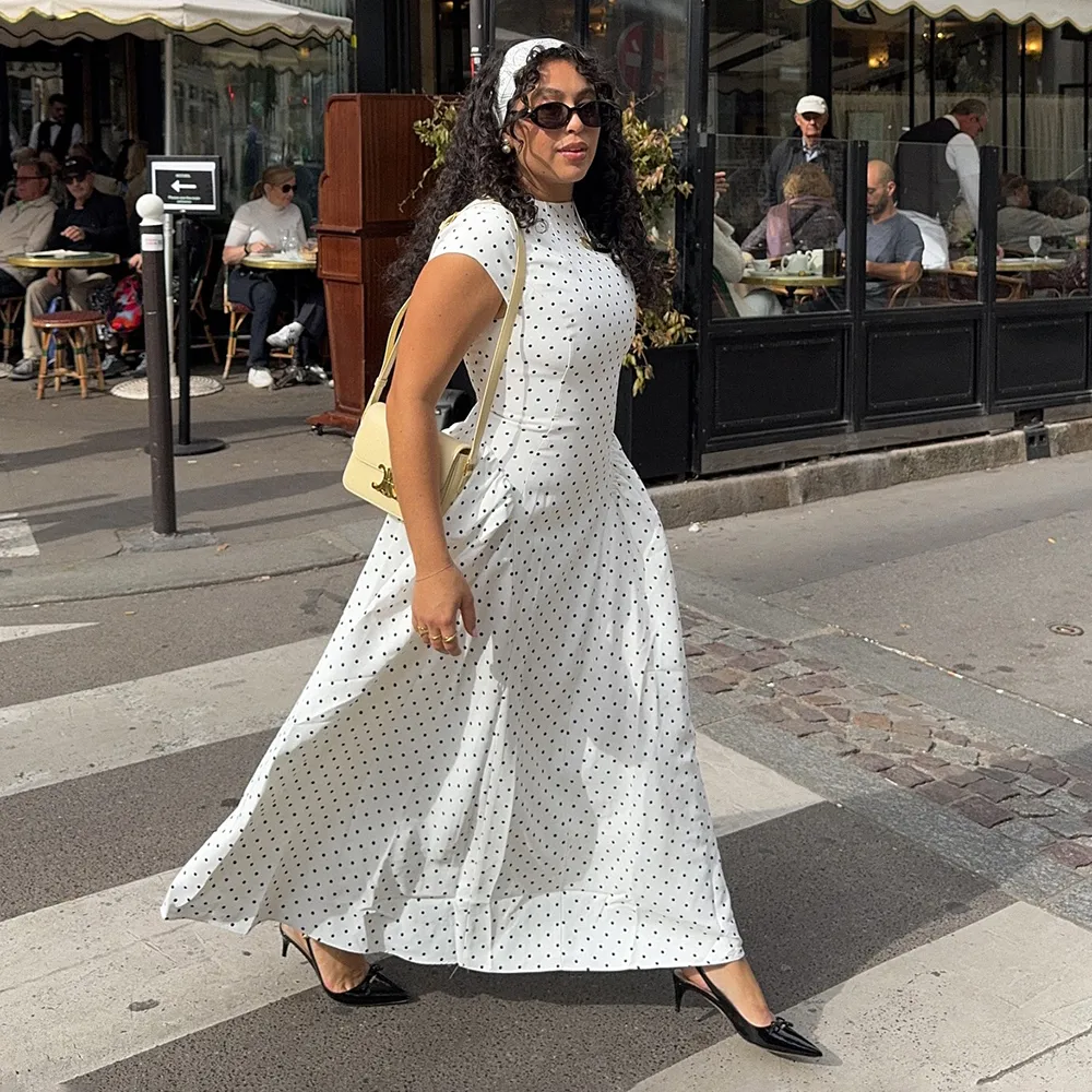 Classic Style Polka Dot Dress in Elastane Fabric Featuring Draped Design Maxi Long Dress