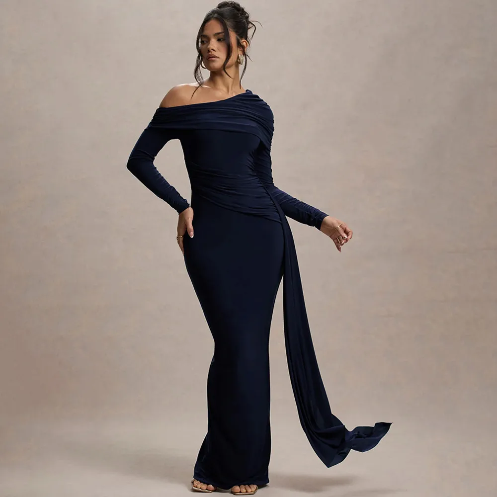 Elegant Solid Color Sheath Dress with Long Sleeves for Banquet