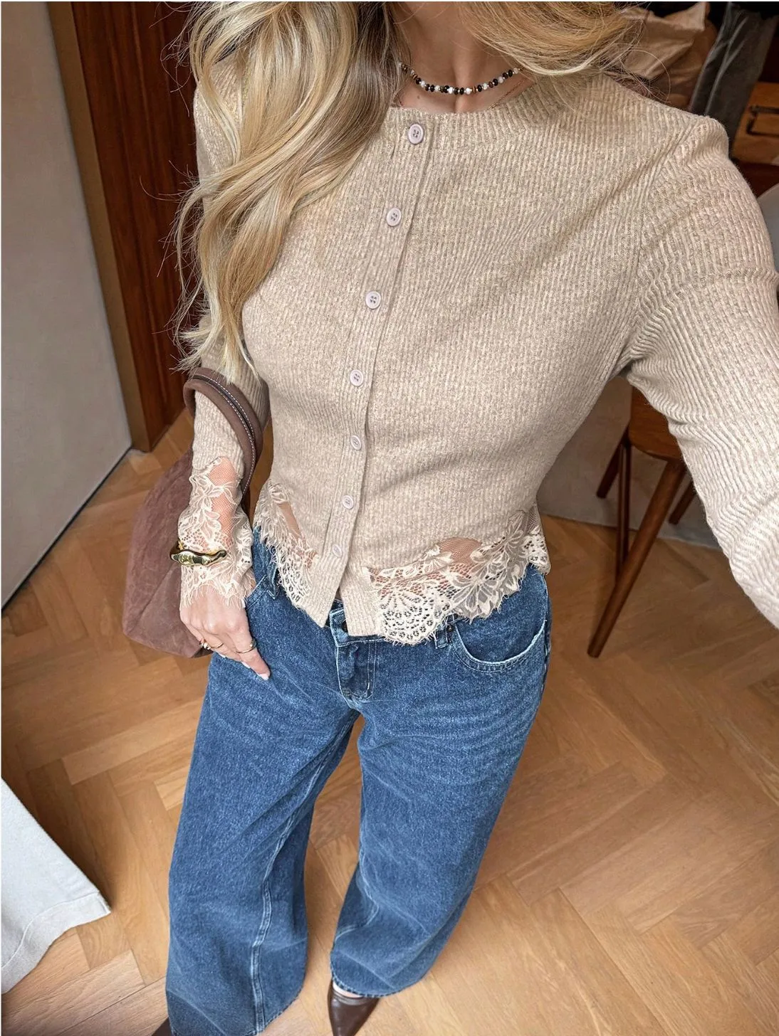 Elegant Solid Color Long Sleeve Polyester Knitwear for Women with Hollow Out Craft and Placket