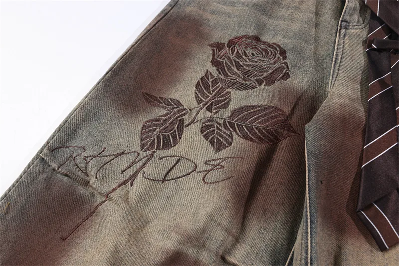 Rose Embroidered Full Length Denim Cotton Jeans for Women in Streetwear Style with Inelastic Fabric