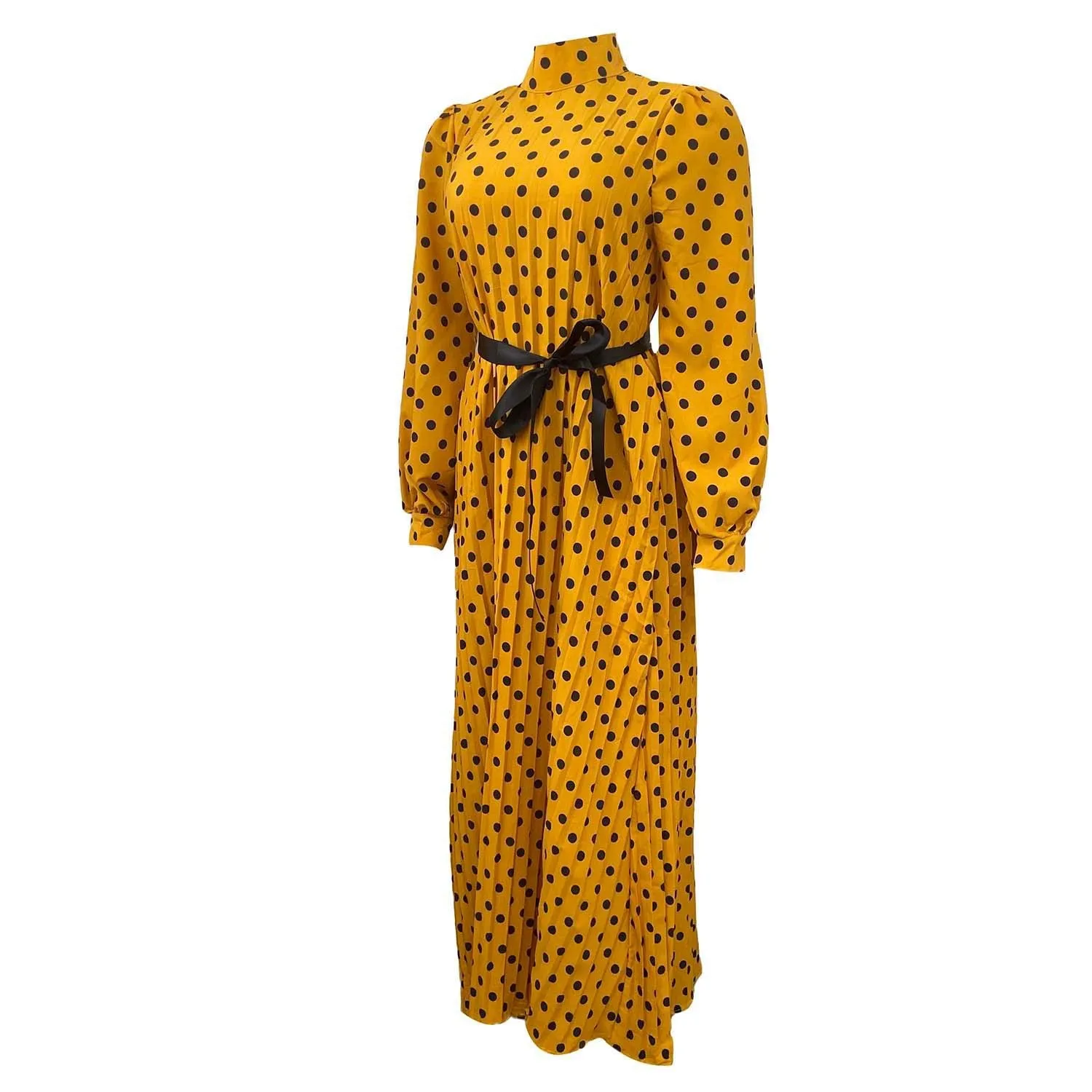 Round Dots Polka Dot Dress with Standing Collar and Long Sleeves in Knitted Fabric Maxi Long Dress for Daily Wear