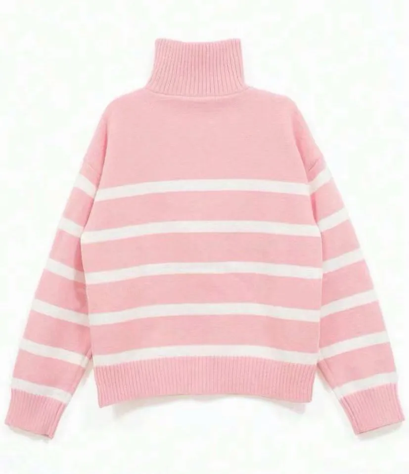 Striped Plaid Long Sleeve Acrylic Pullover Sweater with Zipper
