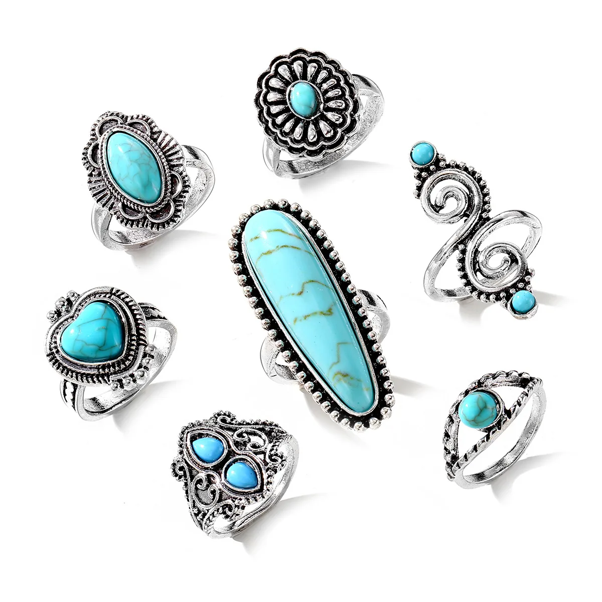 Vintage Bohemian Turquoise Heart Flower Ring for Women Alloy Plated Ethnic Jewelry