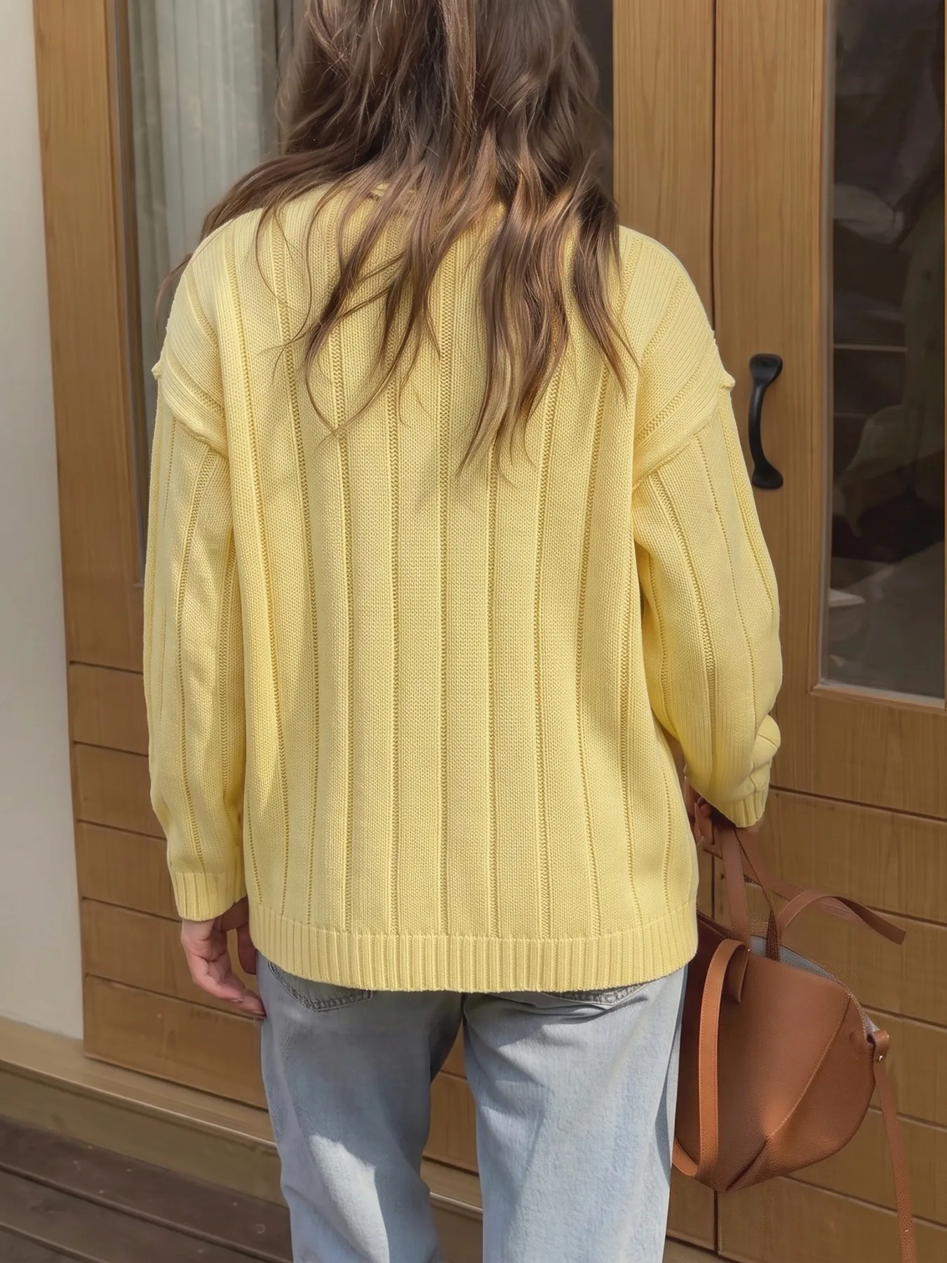 Solid Color Casual Acrylic Sweater with Long Sleeve Featuring Knitted Craft and Placket Design