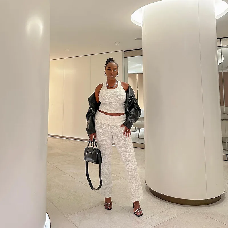 Women’s Solid Color Pant Co-ord Set in Elastane with U Neck, Perfect for Holiday Vacation, 2 Pieces Set