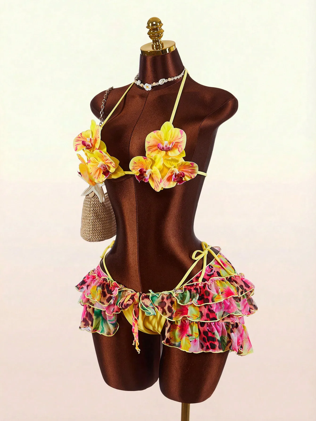 Women's Flowers Three-Piece Swimwear Set Featuring Natural Pink Tie Closure Split Swimsuit with Printed Polyester Fabric