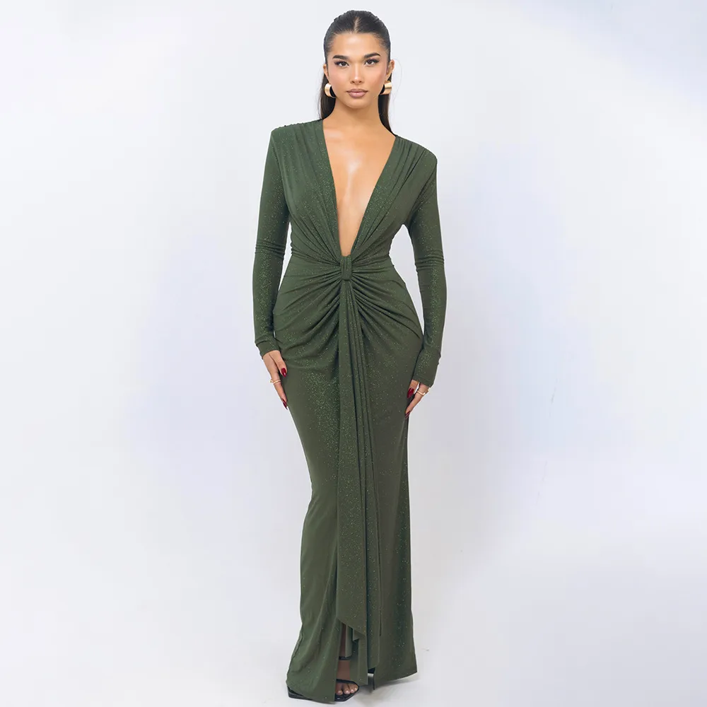 Solid Color Bodycon Dress with Deep V Neckline and Long Sleeves in Polyester Maxi Long Dress for Streetwear