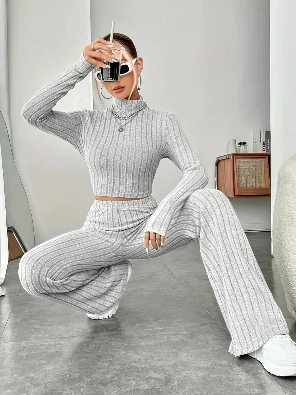 Women’s Stripe Pant Co-ord Set in Polyester with Turtleneck, Streetwear Style for Daily Wear, 2 Pieces Set