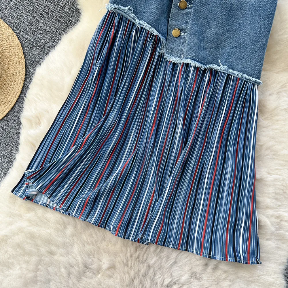 Vintage Style Stripe Cotton Blend Skirt with Folds in High Waist Denim Design for Winter