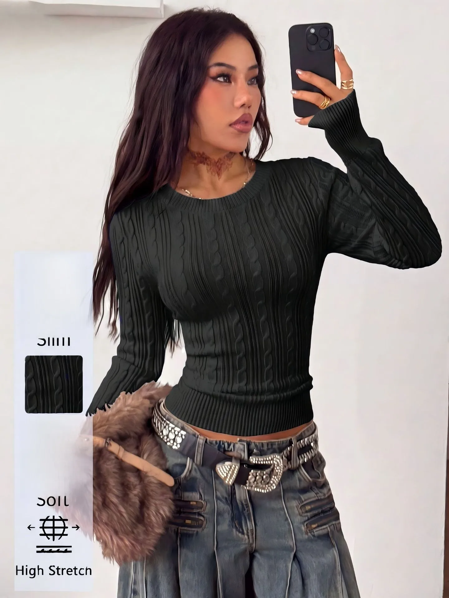 Solid Color Long Sleeve Acrylic Streetwear Pullover Sweater for Women Featuring Braid Craft