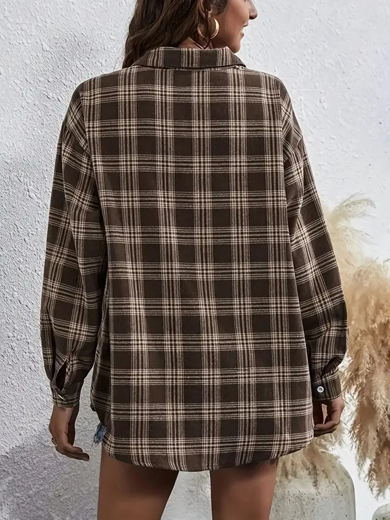 Plaid Casual Long Sleeve Polyester Shirt for Women with Single Breasted Front and Lapel Collar