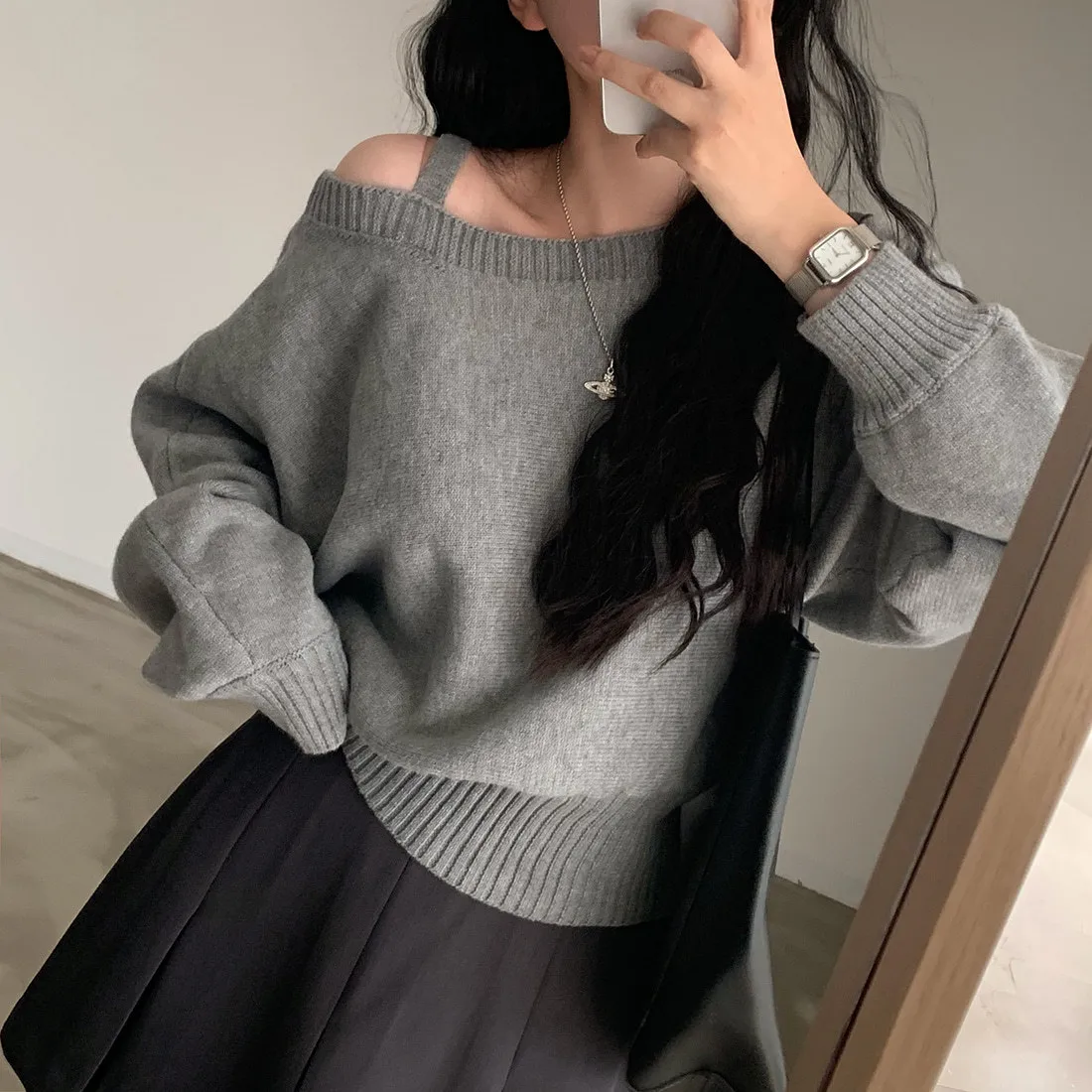 Vintage Style Solid Color Long Sleeve Pullover Knitted Polyester Women's Sweater