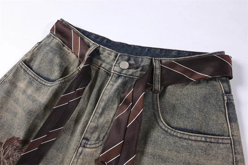 Rose Embroidered Full Length Denim Cotton Jeans for Women in Streetwear Style with Inelastic Fabric