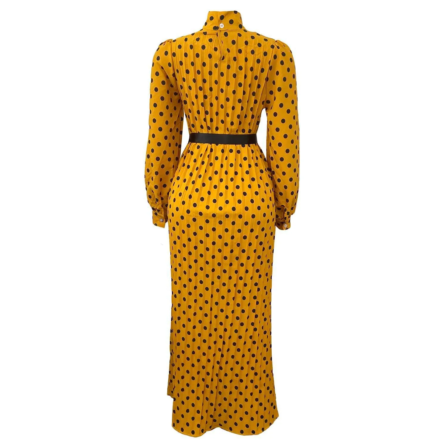 Round Dots Polka Dot Dress with Standing Collar and Long Sleeves in Knitted Fabric Maxi Long Dress for Daily Wear