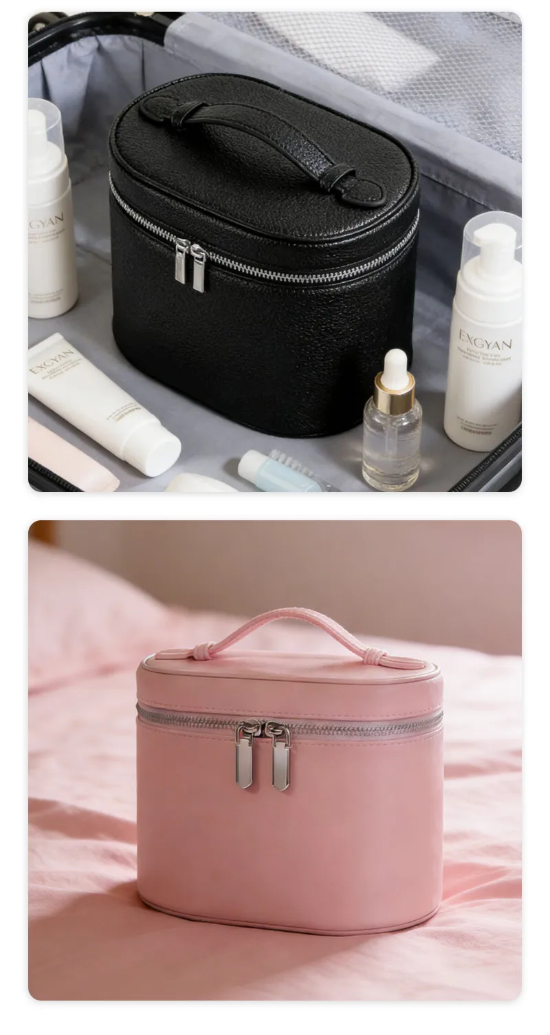 Solid Color PU Leather Cosmetic Bag for Women with Top Handle, Waterproof Design