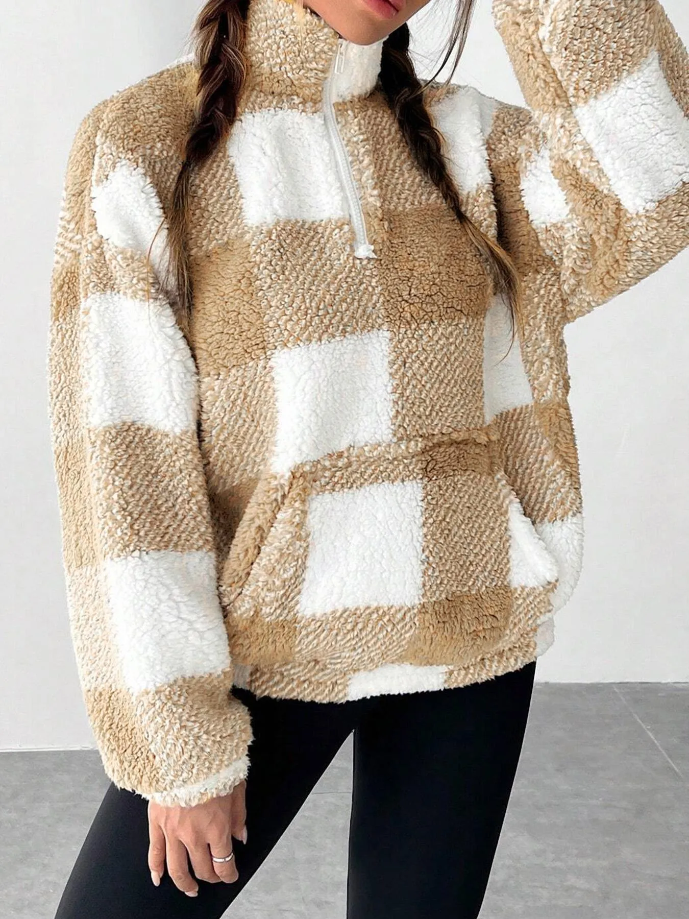 Loose Fit Patchwork Sport Hoodie with Zipper and Long Sleeves