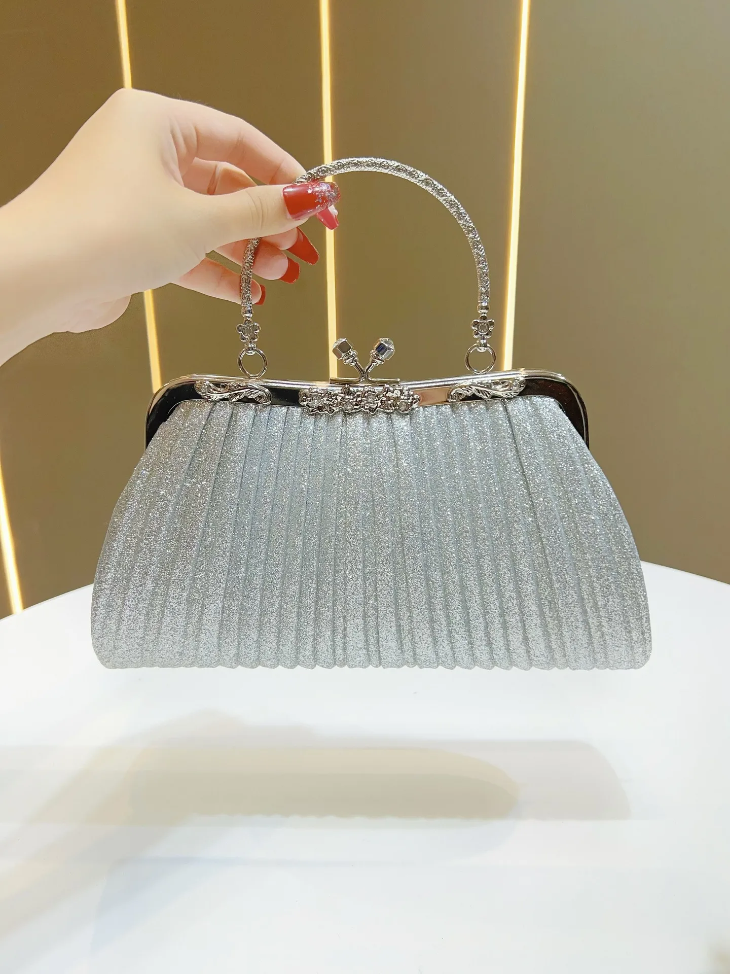 Square Ruched Polyester Evening Bag with Chain for Women