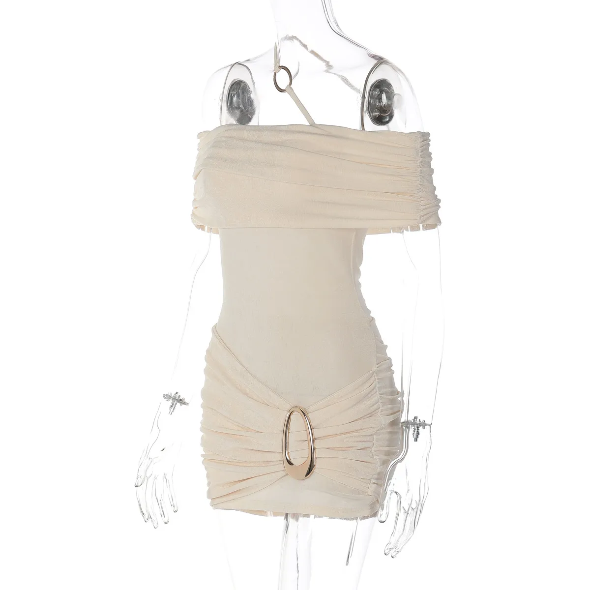 Elegant Solid Color Off Shoulder Sleeveless Bodycon Dress in Elastane Fabric Above Knee Length