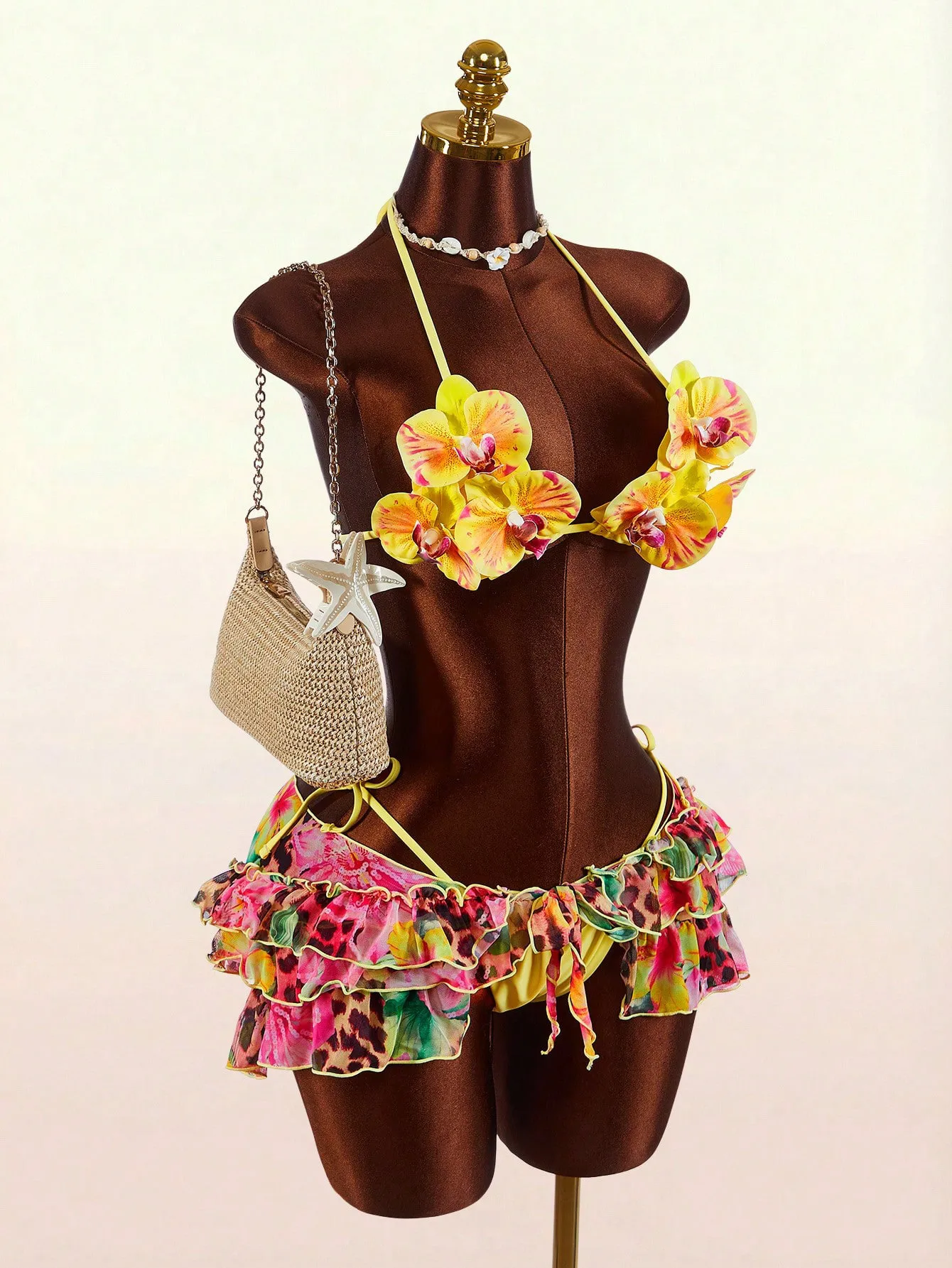 Women's Flowers Three-Piece Swimwear Set Featuring Natural Pink Tie Closure Split Swimsuit with Printed Polyester Fabric