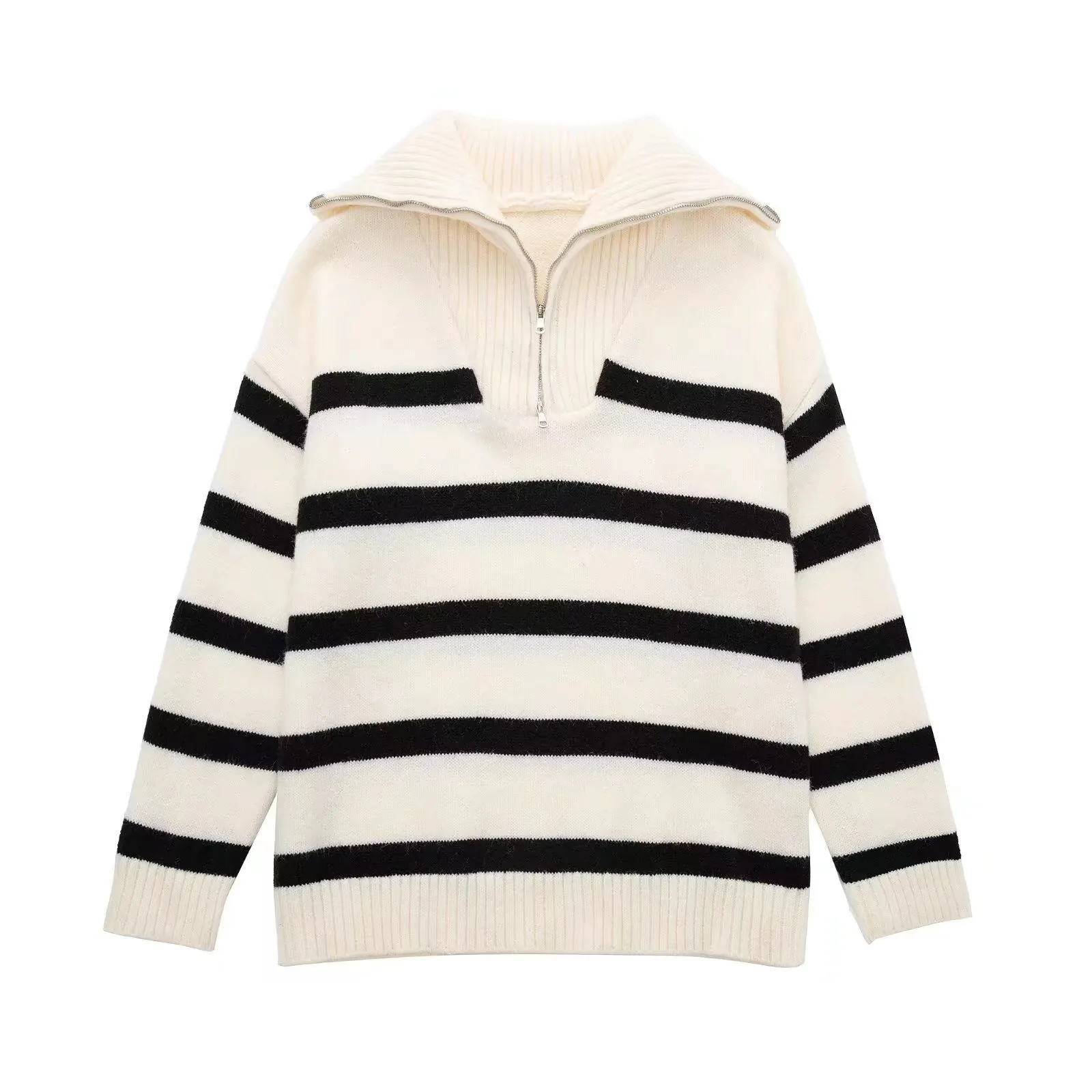 Striped Plaid Long Sleeve Acrylic Pullover Sweater with Zipper