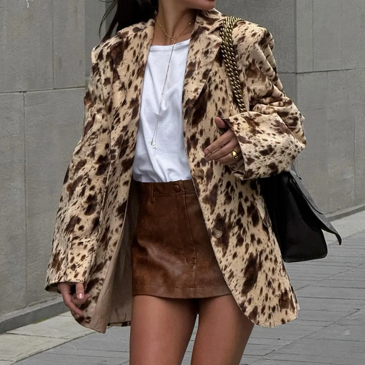 Leopard Print Loose Fit Women's Blazer Long Sleeve Polyester Casual Business Outerwear