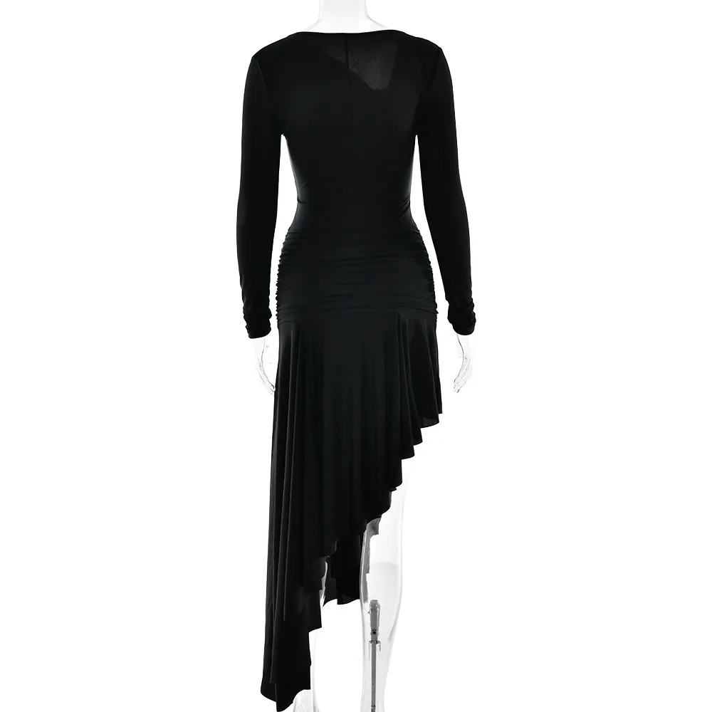 Solid Color Long Sleeve V Neck Party Dress in Polyester, Casual Streetwear Style