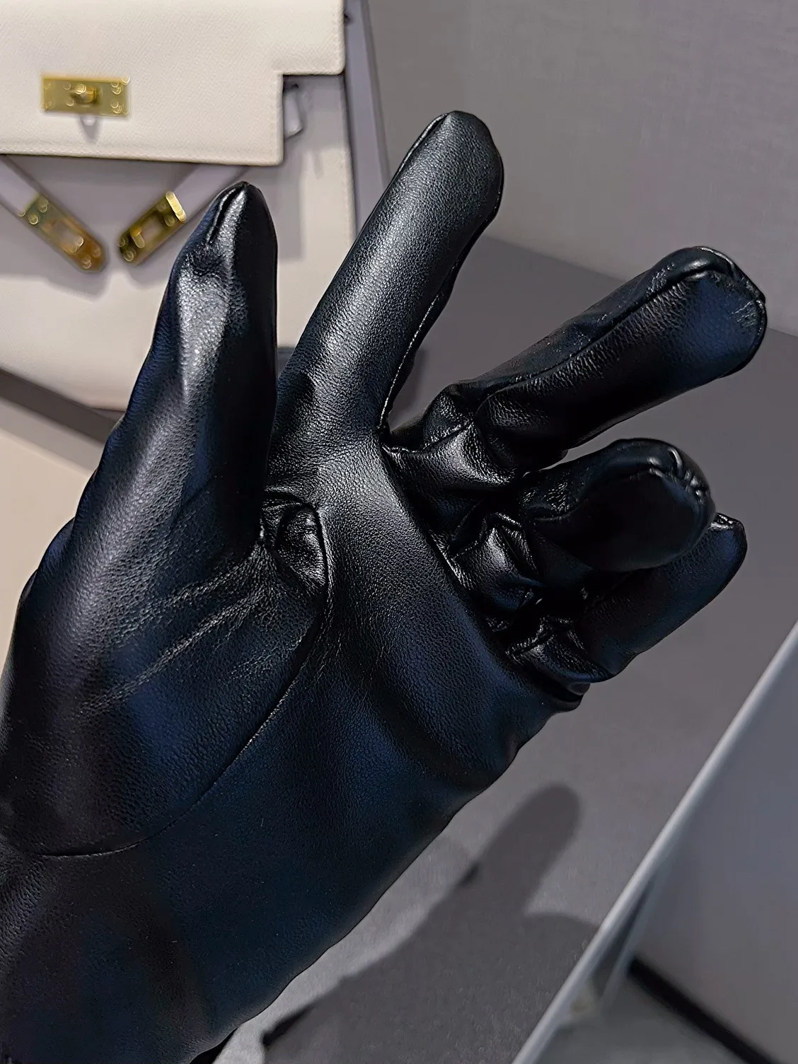 Women's Winter PU Leather Touchscreen Gloves with Fleece Lining and Diamond Embellishment