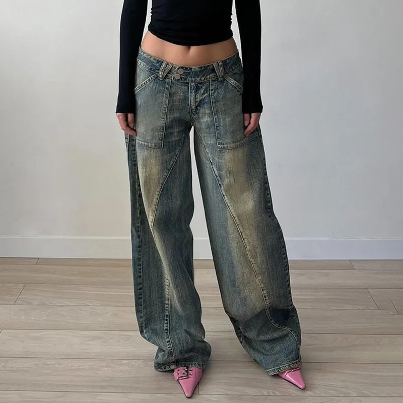 Casual Wide Leg Full Length Pants for Women in Washed Denim Cotton Fabric, Inelastic Design