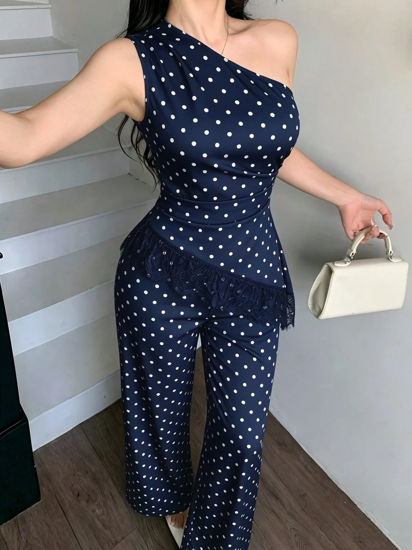 Elegant Polka Dots Pant Co-ord Set with Wide Leg Pants in Polyester featuring Lace Craftsmanship for Casual Wear