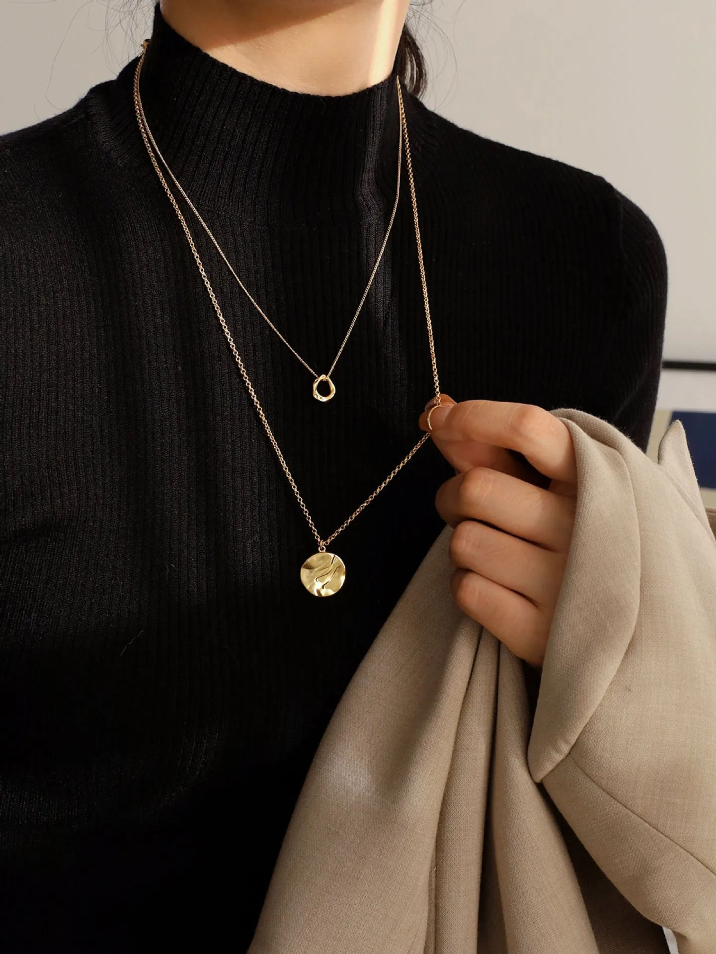 Gold Geometric Circle Necklace for Women Simple Style Copper Pendant Sweater Chain
